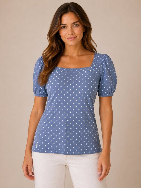 Lauren Ralph Lauren Tops - Lauren Ralph Lauren Blue Polka Dot Puff Sleeve Tee Quiet Luxury Cottagecore Top